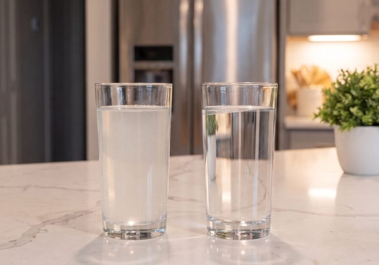 Cloudy tap water next to a glass of clear purified water
